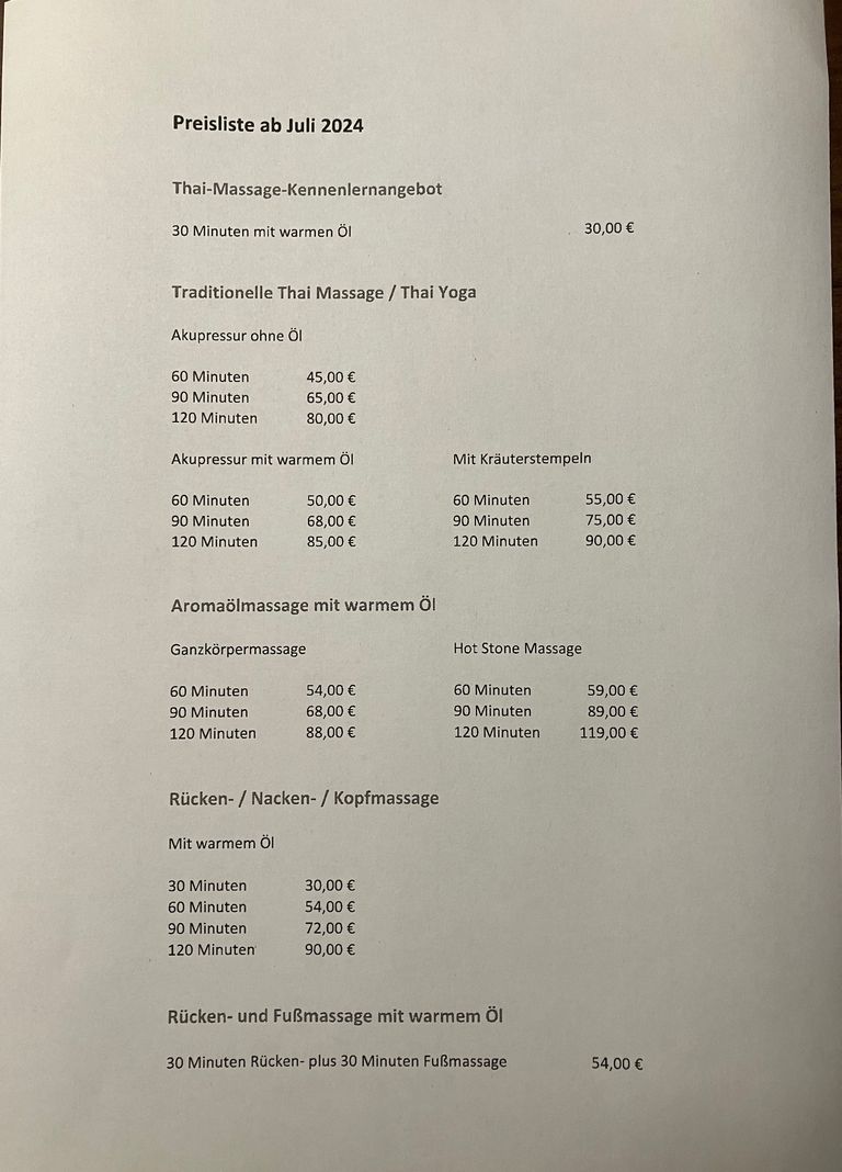 Aktuelle Preisliste der Kritsana  Thai Massagepraxis